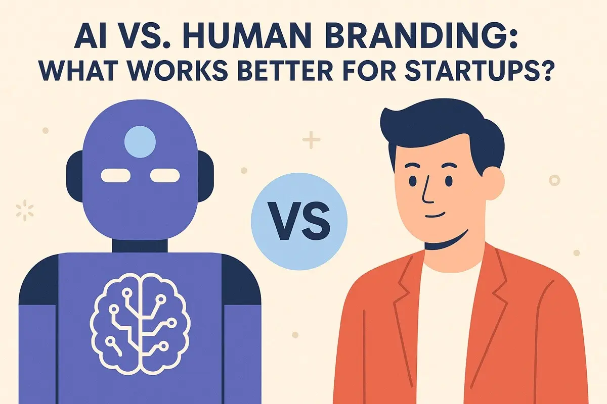 Conceptual image showing human branding strategy on the left and artificial intelligence on the right